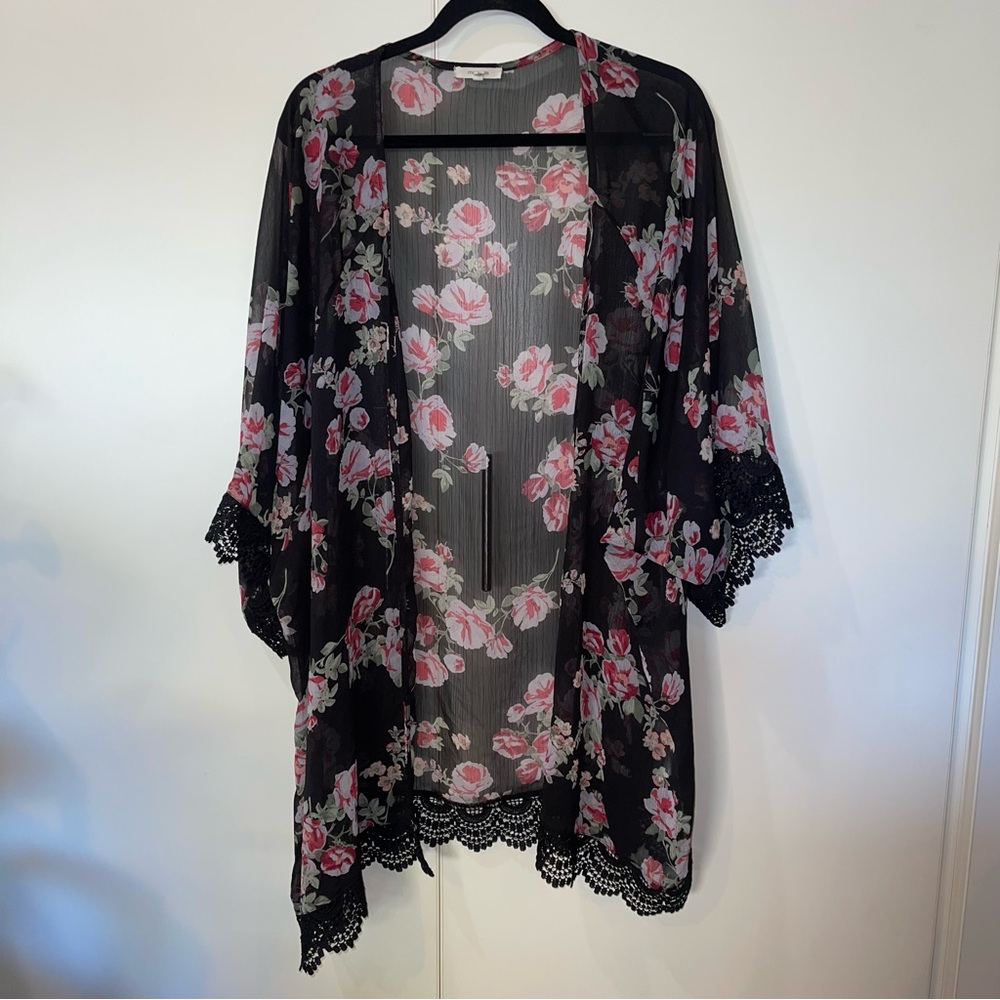 Maurice’s 3X Sheer Floral Flowy Kimono Open Cardigan Lace Trim Feminine Floral